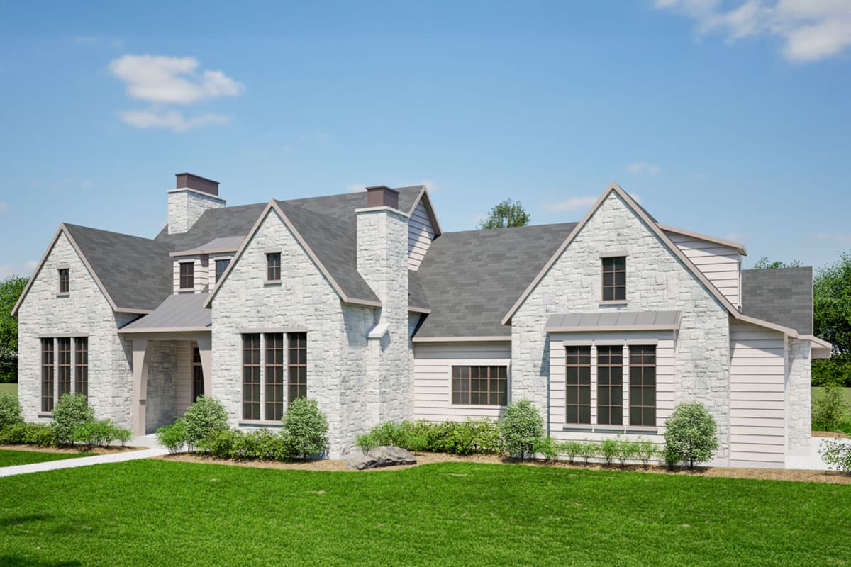 House plan exterior of a two-story home with stone facade, multiple gables, dormers, and a covered entry.