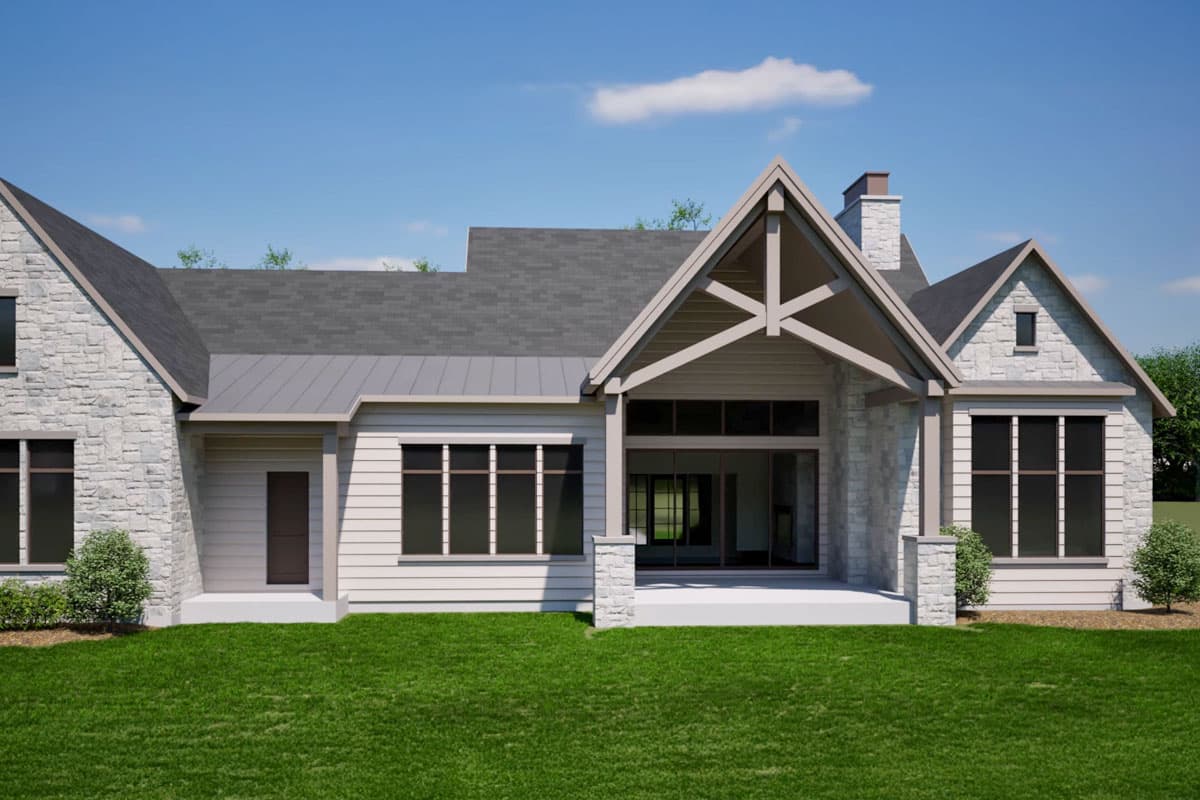 House plan exterior featuring stone and horizontal siding, gabled entry with exposed beams, and multiple large windows.