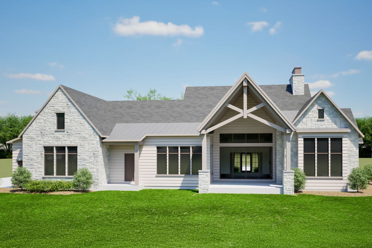 House plan exterior: One-story modern farmhouse with stone and siding, prominent gable with exposed beams, and covered patio.