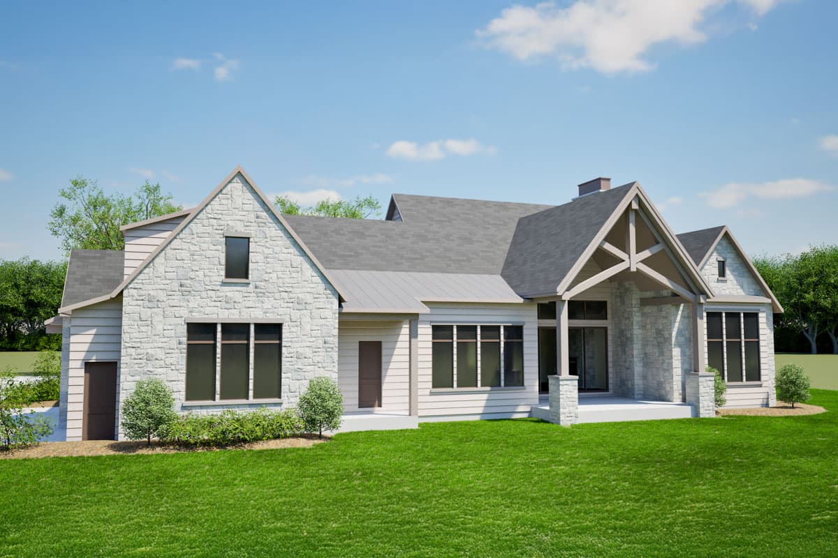 House plan exterior: Modern Farmhouse style, one story, stone and siding, gabled roof, covered porch with exposed beams.