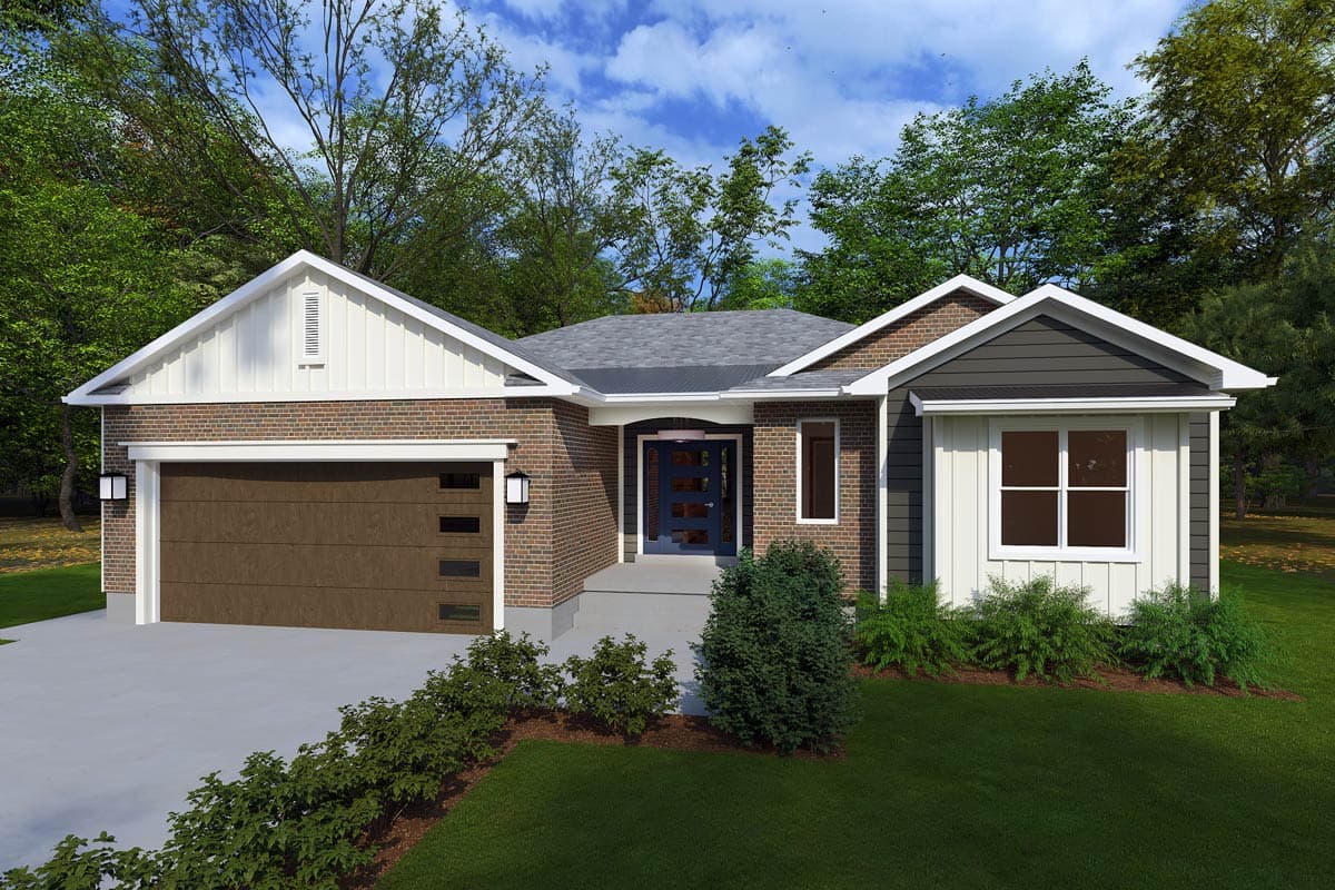 House plan exterior. Ranch style with a single story, brick facade, and a two-car garage. Features include gables and a covered entry.
