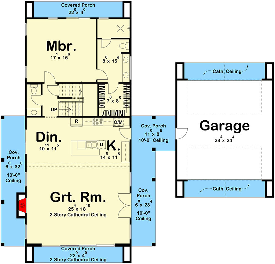 Plan 623481DJ: 3-Bed Scandinavian Barndominium-Style House Plan with Two-Story Great Room - 2332 Sq Ft - Floor Plan - Main Level - Barndominium, Scandinavian