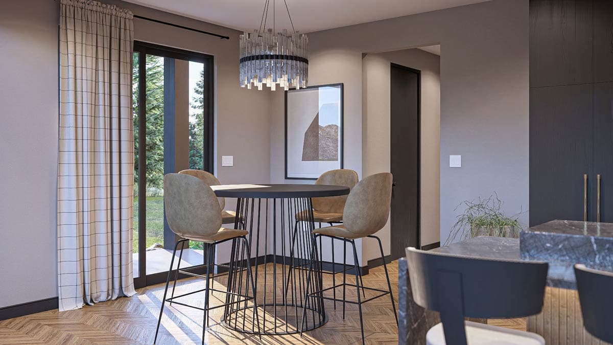 Interior rendering of a dining area with a round table, bar stools, and sliding glass door opening to outdoors.
