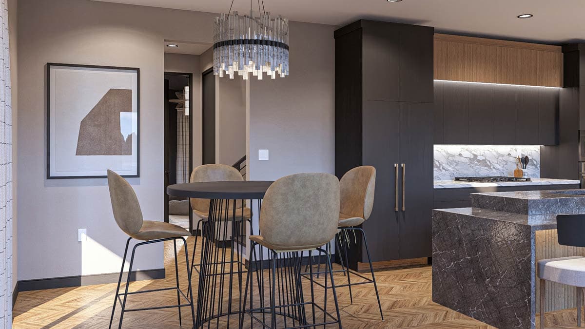 Modern kitchen with dark cabinets, marble backsplash, island, and bar seating. Adjacent dining area with abstract art.