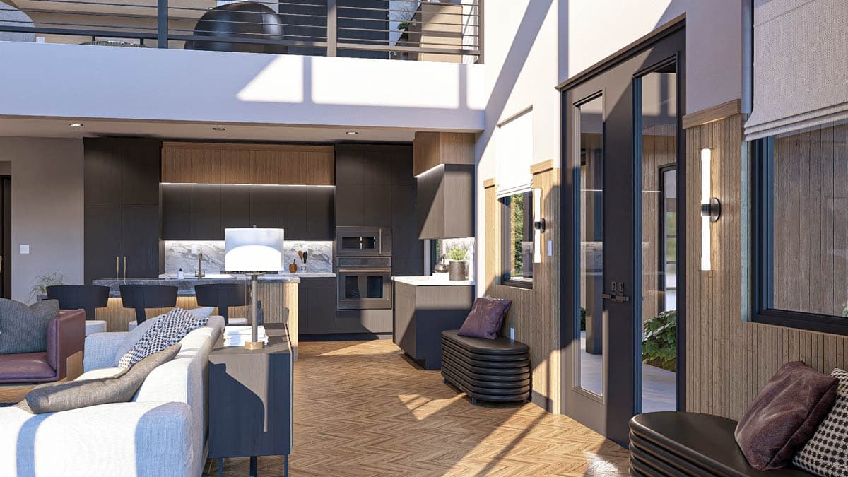 Interior rendering of open-plan living space with a modern kitchen, island, and seating area. Loft level visible above.