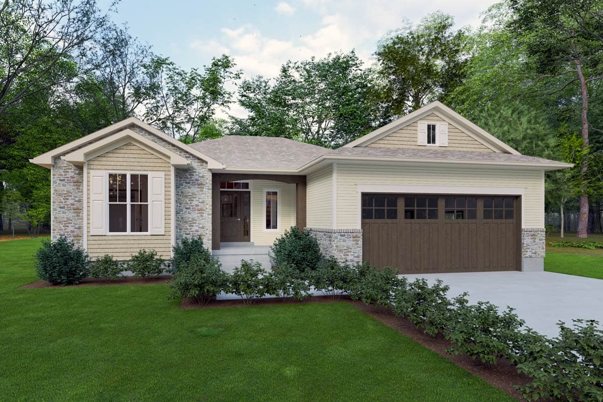 House plan exterior. Ranch-style home with stone accents, a gable roof, and an attached garage with a dark wood door.