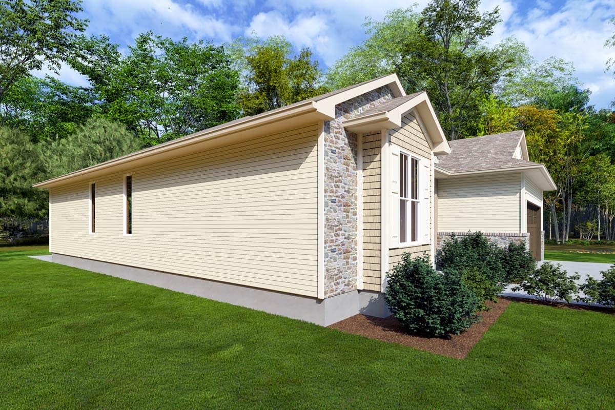 House plan exterior: one-story home with tan siding, stone accents, gable roofline, and attached garage.