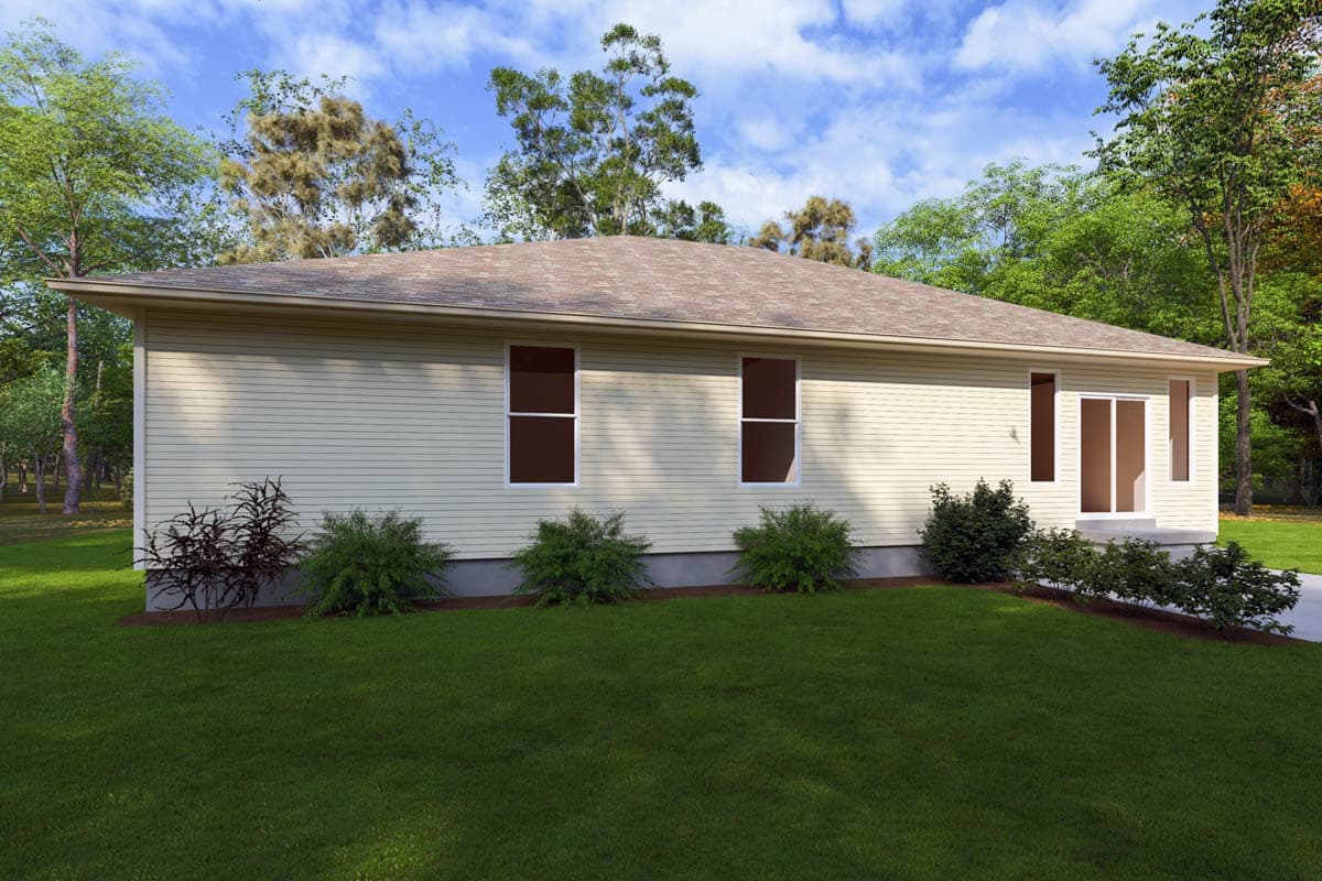 Ranch house plan exterior with beige siding, low-slope roof, two double-hung windows, and sliding glass doors.