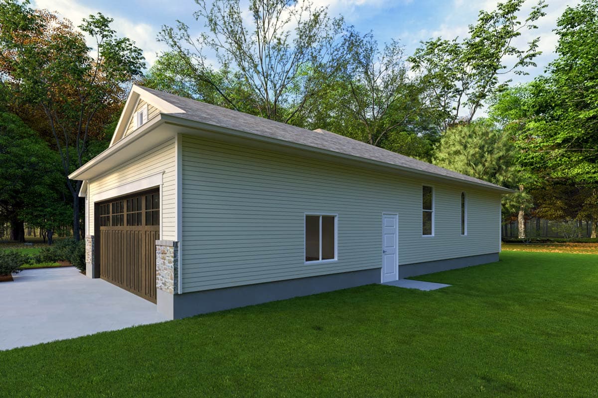 House plan exterior view shows a one-story home with a gable end, vinyl siding, and attached garage with stone accents.