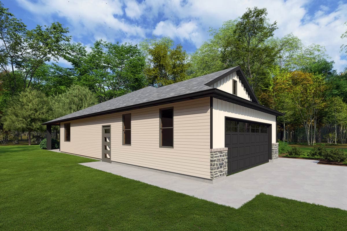 House plan exterior: one-story structure with side-entry garage, horizontal siding, stone base, and gable accent.