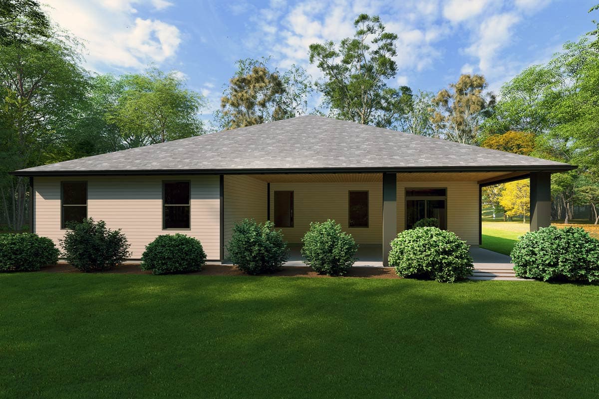 House plan exterior: Ranch style, single story with hip roof, covered porch, and neutral siding.