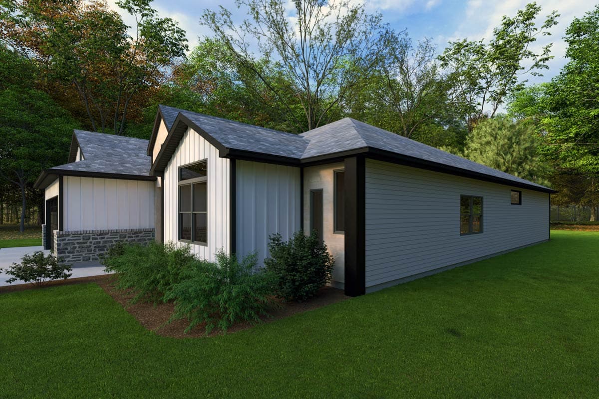 House plan exterior featuring vertical siding, stone base, gabled rooflines, and attached garage.