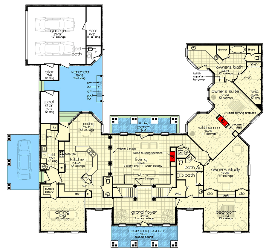 Plan 55240BR: 4-Bed Modern Farmhouse with a Two-Story Great Room - 4242 Sq Ft - Floor Plan - Main Level - Colonial, Modern Farmhouse, Southern, Transitional