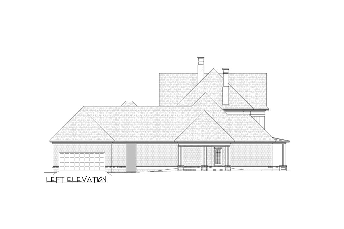 Left elevation of a house plan showing a brick exterior, multi-level roof, two-car garage, and covered front porch.