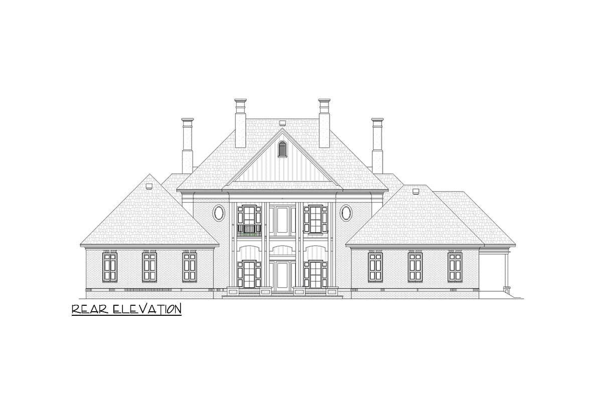 Rear elevation drawing of a house plan featuring multiple gables, dormers, chimneys, and a central porte-cochère.