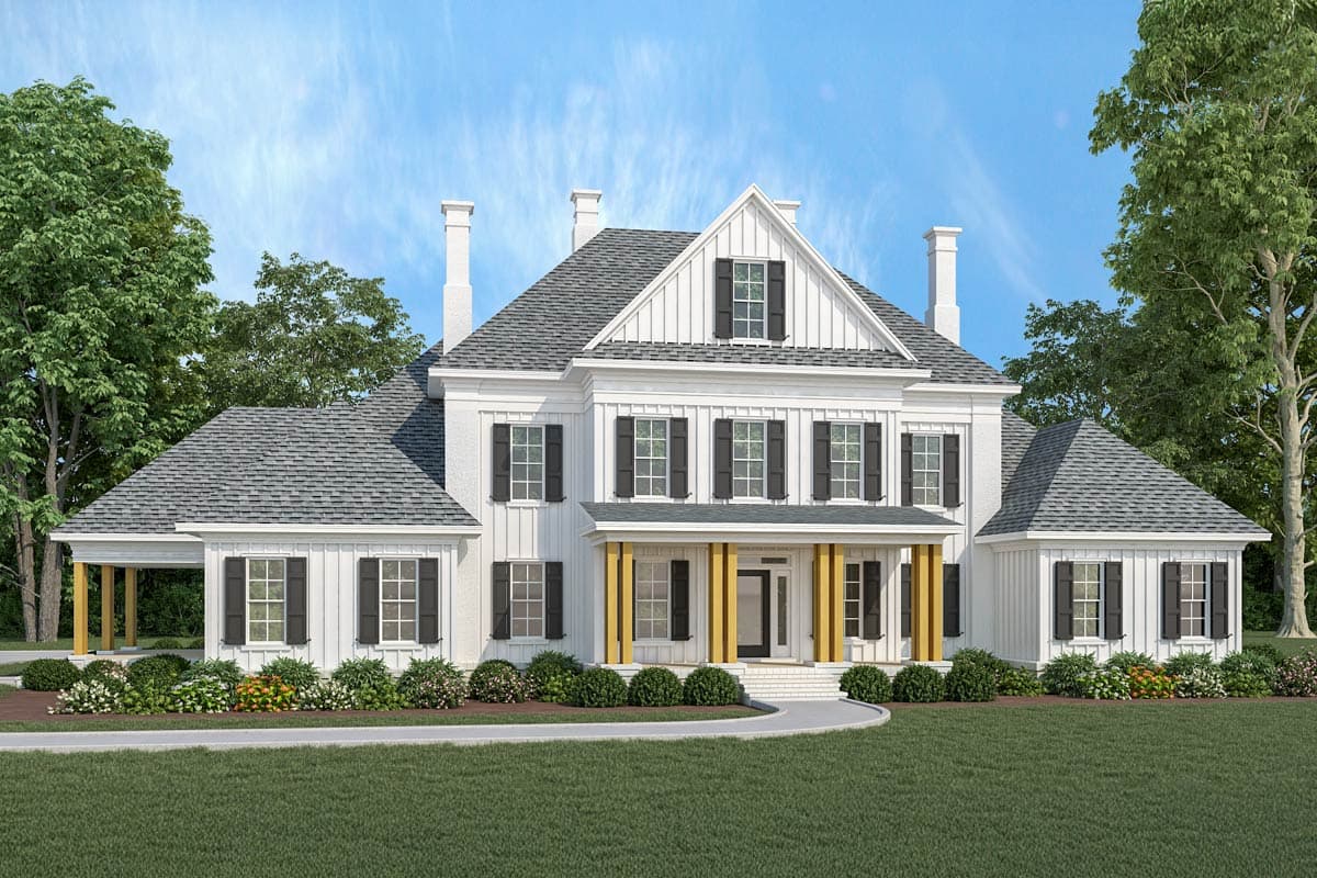 House plan exterior: Two-story white house with gables, a covered porch with columns, and multiple dormers. Gray shingle roof.