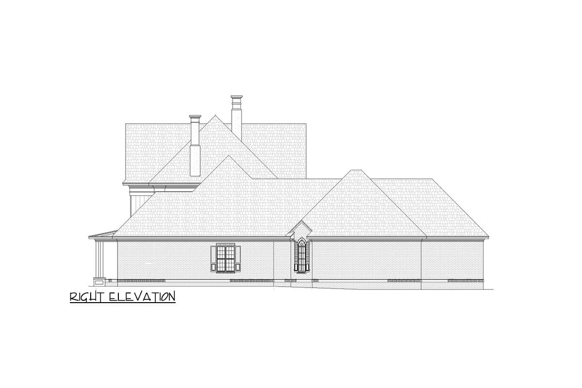 Right elevation house plan drawing showing brick facade, varied rooflines, two chimneys, and prominent windows.