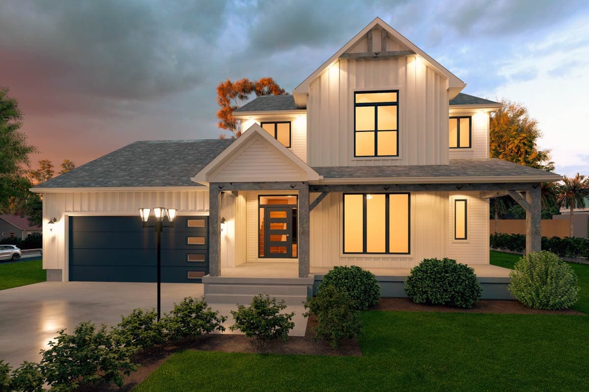 House plan exterior. Two-story Modern Farmhouse with a gabled roof, covered porch with wood supports, and an attached garage.