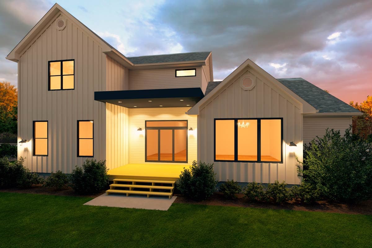 Modern Farmhouse house plan exterior, two stories, board-and-batten siding, large gables, covered entry with deck, and multiple windows.