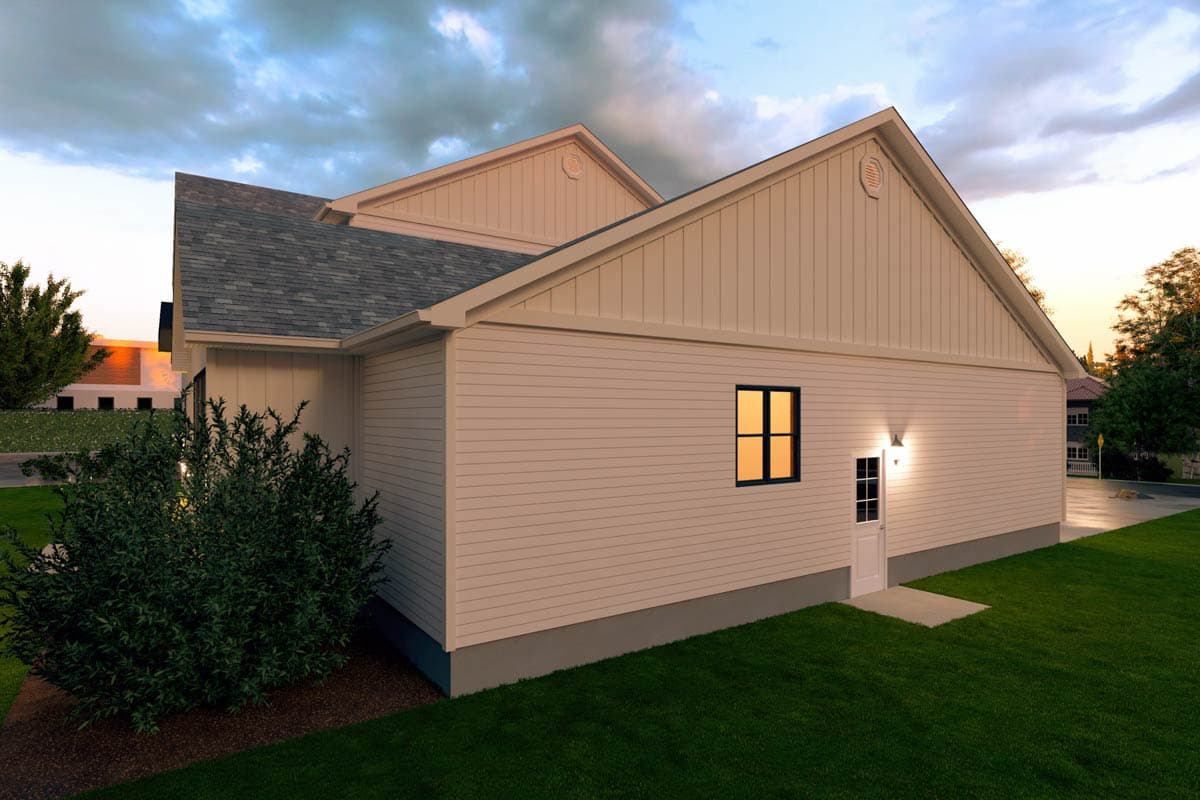House plan exterior with light siding, gabled roof, vinyl siding, and one window.