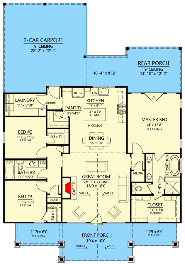 Plan 56553SM: 3-Bed Modern Farmhouse Plan with Vaulted Great Room - 1677 Sq Ft - Floor Plan - Main Level - Barndominium, Country, Craftsman, Modern Farmhouse, Ranch