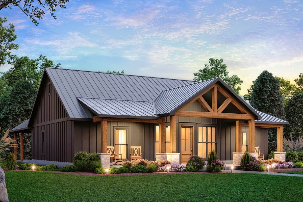 Modern Farmhouse house plan exterior with metal roof, exposed timber gable, deep porch, and vertical siding.