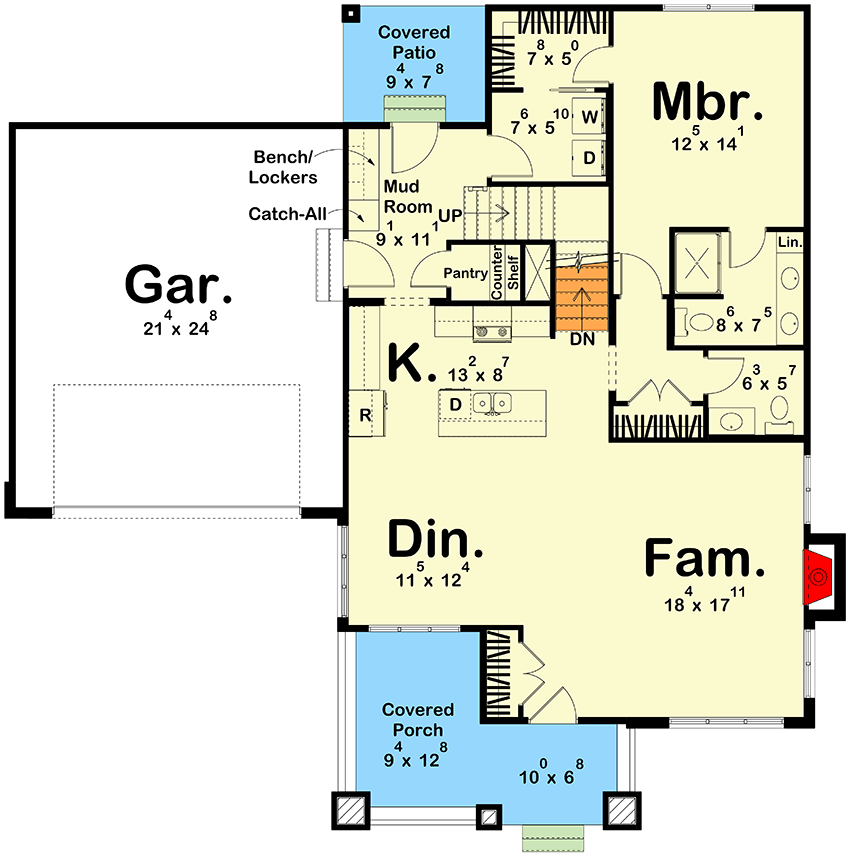 Plan 623482DJ: Two-Story Craftsman Bungalow House Plan with Fireplace - 1839 Sq Ft - Floor Plan - Main Level - Bungalow, Craftsman, Traditional