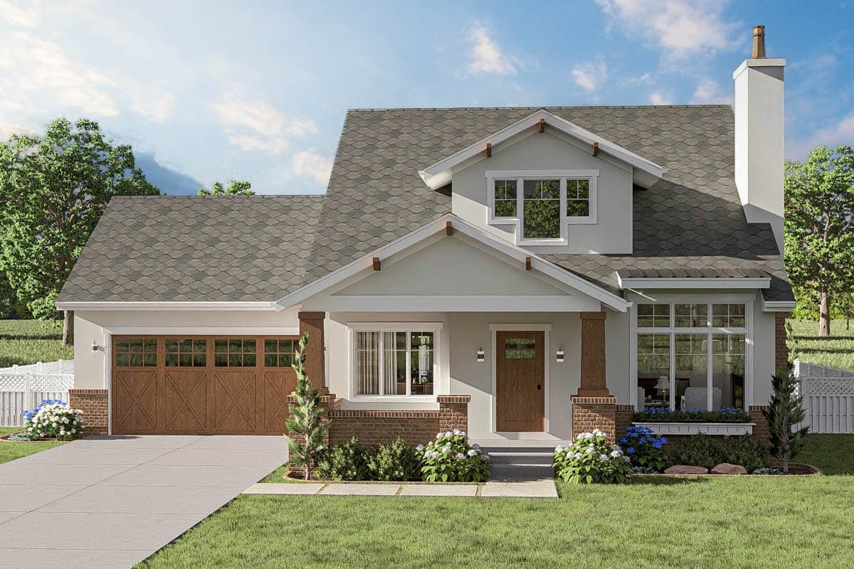 Craftsman-style house plan exterior with a gabled roof, a front porch, and a two-car garage. Features include dormers and brick accents.