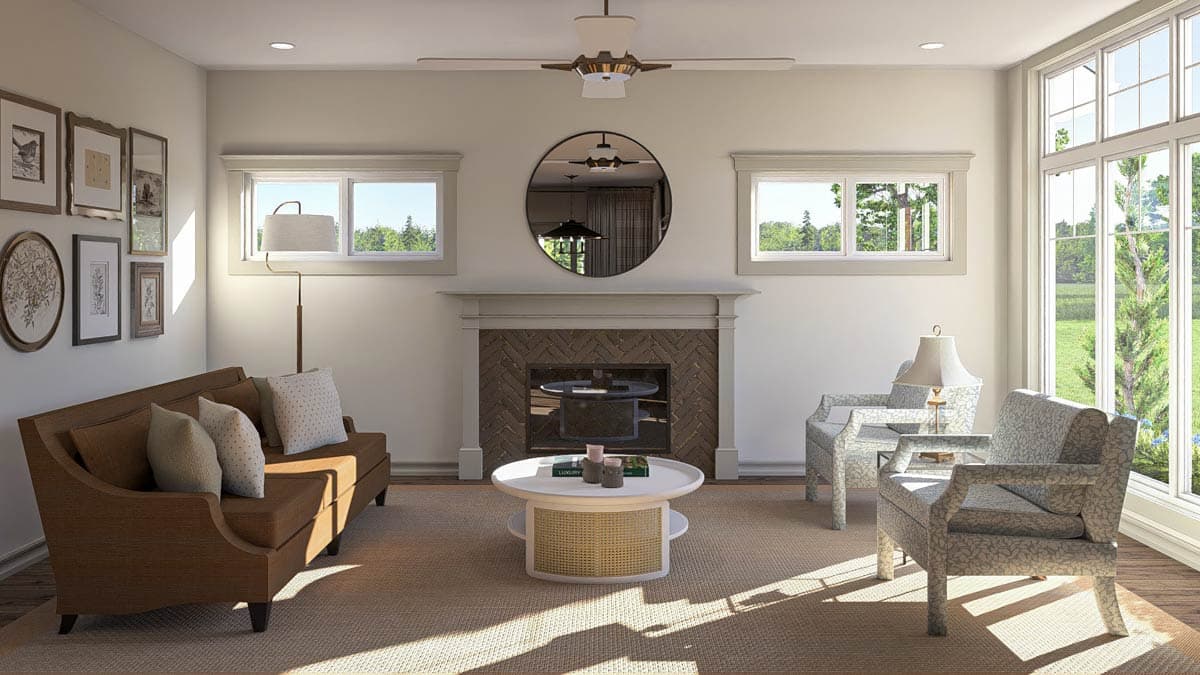 Living room rendering with fireplace, coffee table, sofa, two chairs, and large windows. Ceiling fan visible.