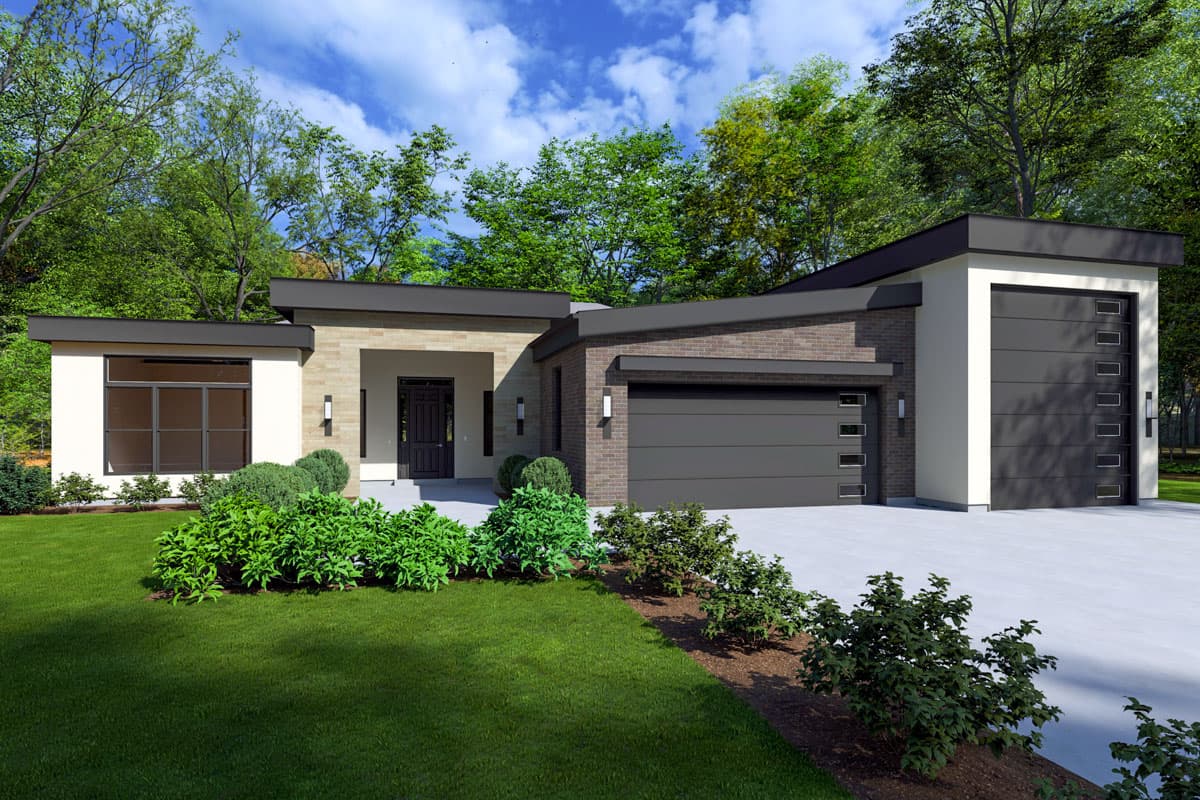 House plan exterior. Modern, one-story home with flat roof, attached garage, and stone and brick facade. Features large windows and recessed entry.
