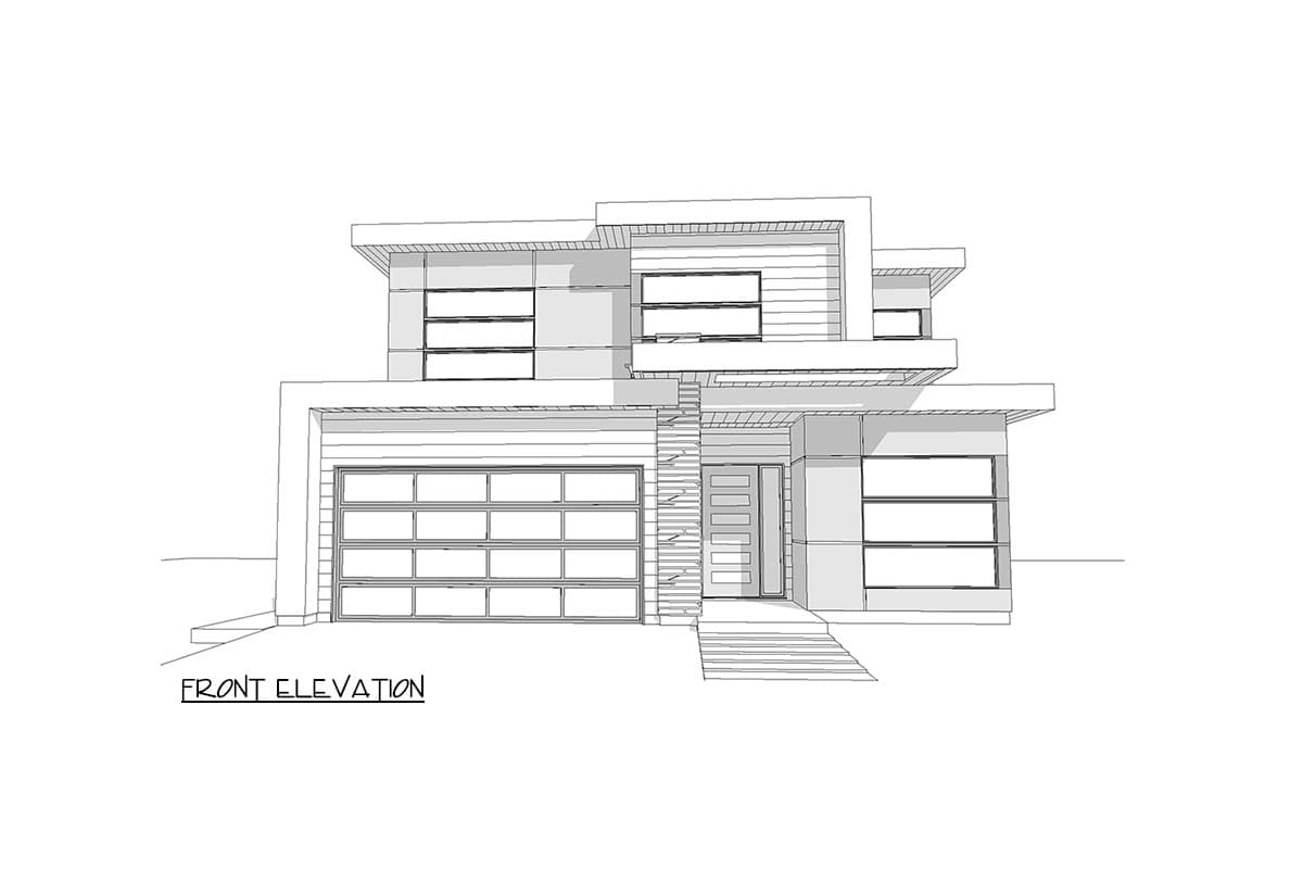Front elevation drawing of a two-story modern house with a two-car garage, large windows, and cantilevered rooflines.