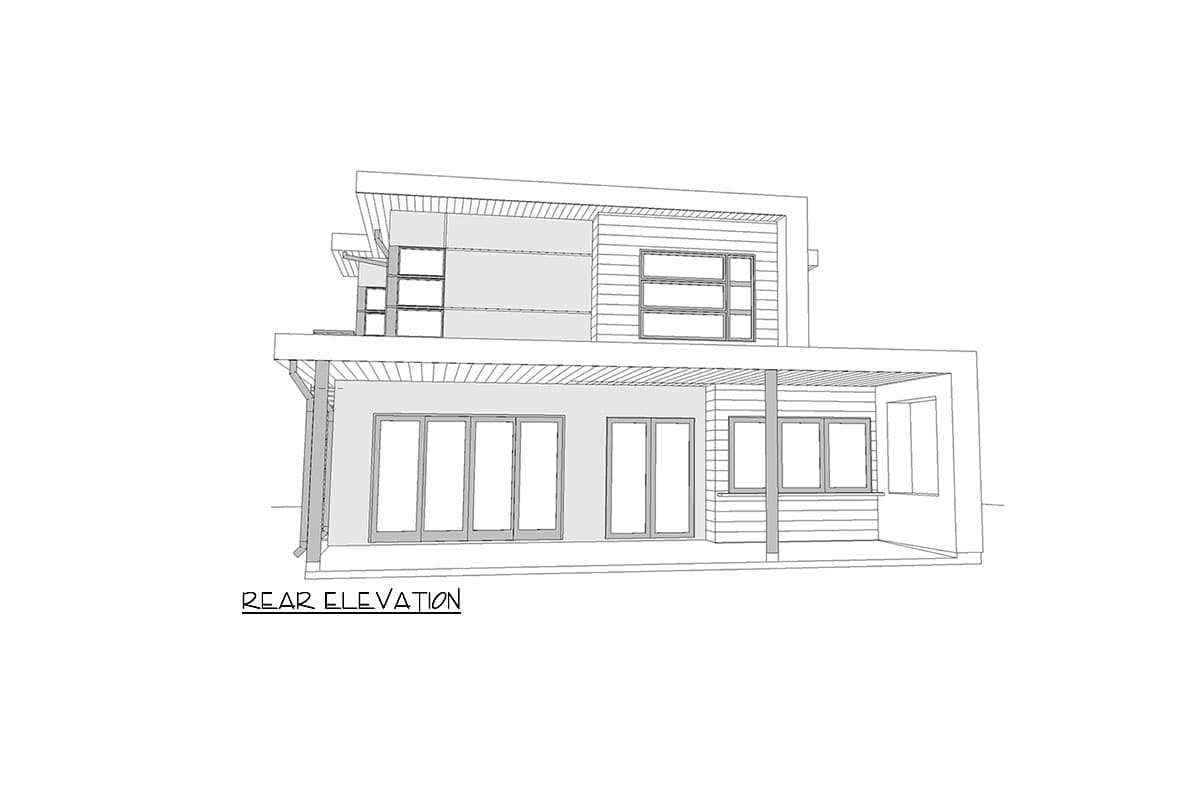 Rear elevation drawing of a two-story house with a cantilevered upper level, horizontal siding, and a covered porch with large windows.
