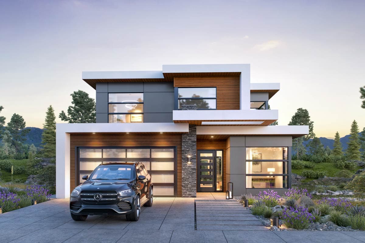House plan exterior. Modern style, two-story home with flat roof, horizontal siding, and a glass-paneled garage door and entry door.