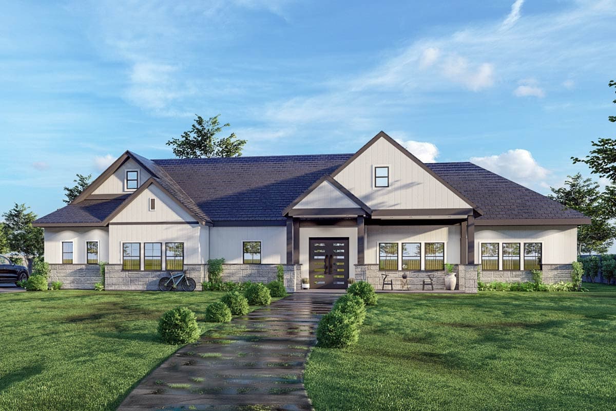 House plan exterior featuring a two-story farmhouse style with a gabled roof, dormers, and a covered porch. Stone accents are present.