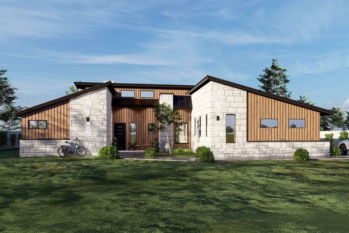 House plan exterior with two stories. Features include mixed siding of stone and wood, shed-style roof, and modern window placement.