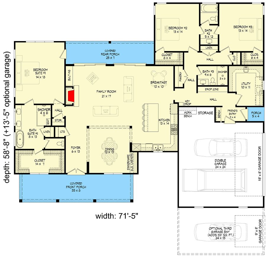 Plan 680523VR: 3-Bed Modern Farmhouse with Optional Second Level - 2398 Sq Ft - Floor Plan - Main Level - Farmhouse, Modern Farmhouse