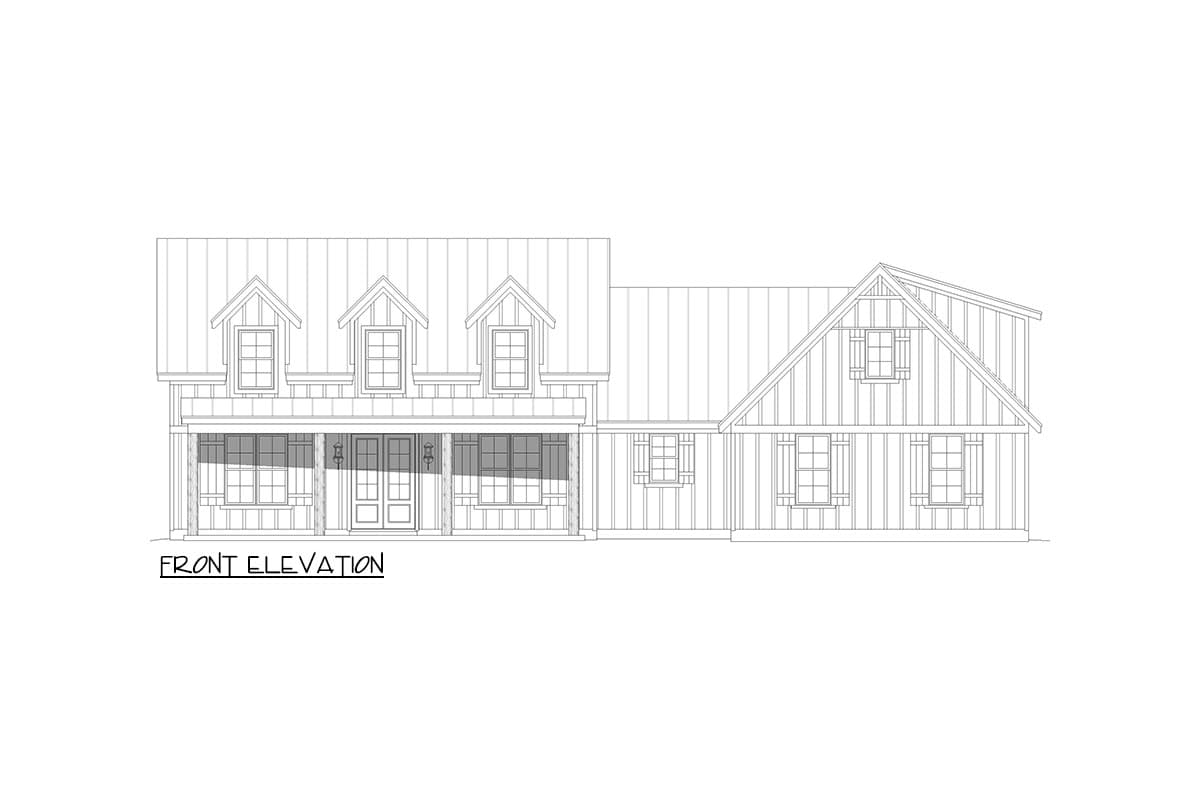 Front elevation drawing of a house plan with a gabled roof, dormers, a wide porch, and double front doors.