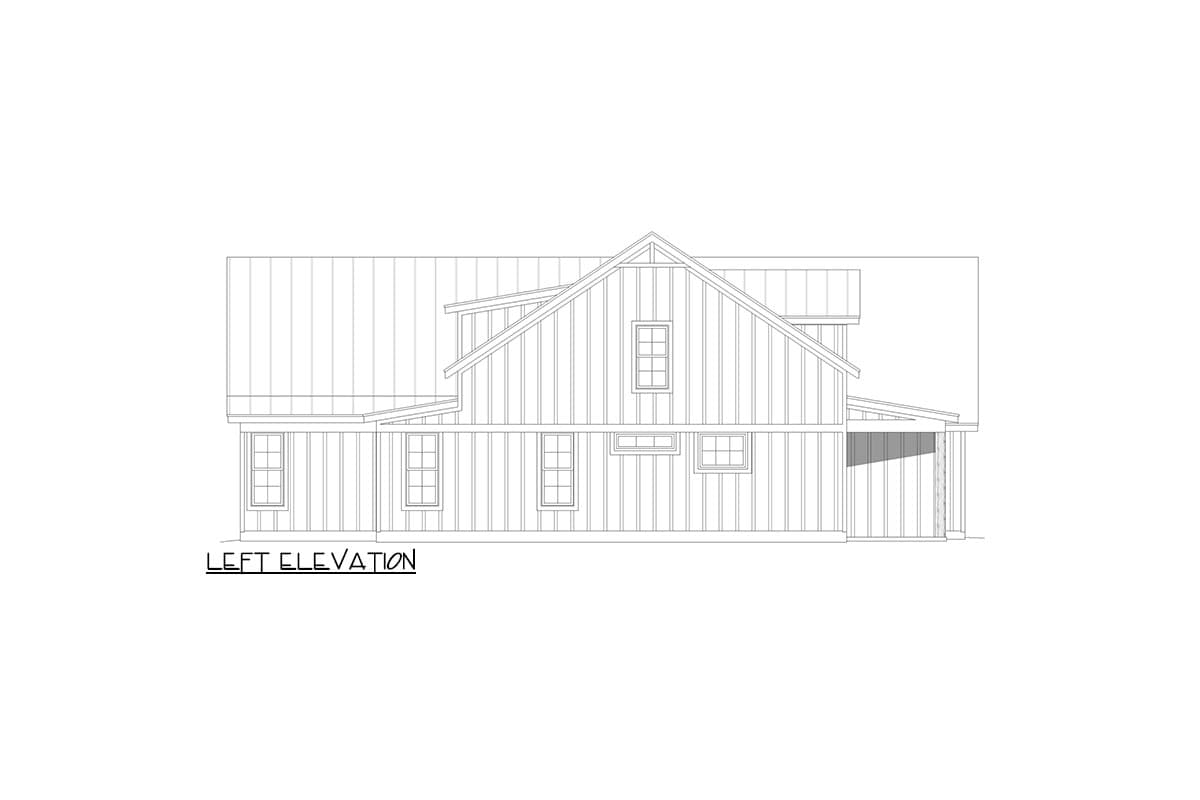 Left elevation drawing of a two-story house plan with vertical siding, gabled roof, and covered porch.