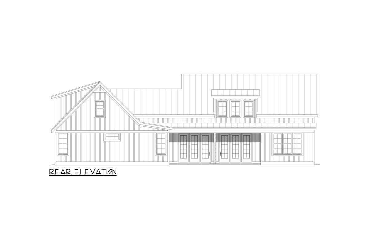 Rear elevation drawing of a house plan showing board and batten siding, a large gable, and a covered porch with multiple French doors.