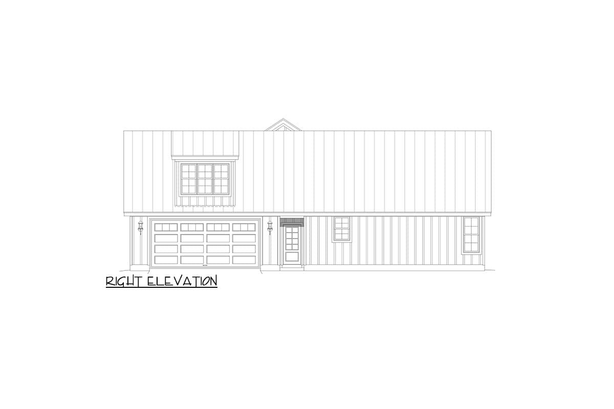 Right elevation house plan showing a two-car garage, front door, and vertical siding.