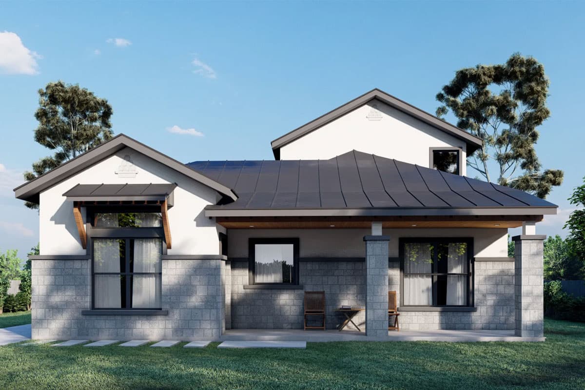 House plan exterior with low-pitched roof, gables, and a front porch. Features include a metal roof, stone facade, and dark framed windows.