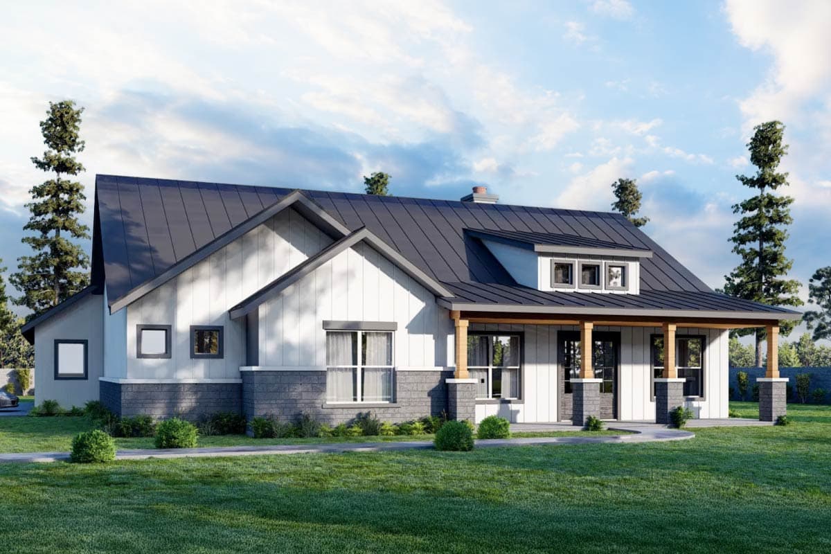 House plan exterior featuring a farmhouse style with gabled roof, dormers, and a covered front porch with supporting columns.