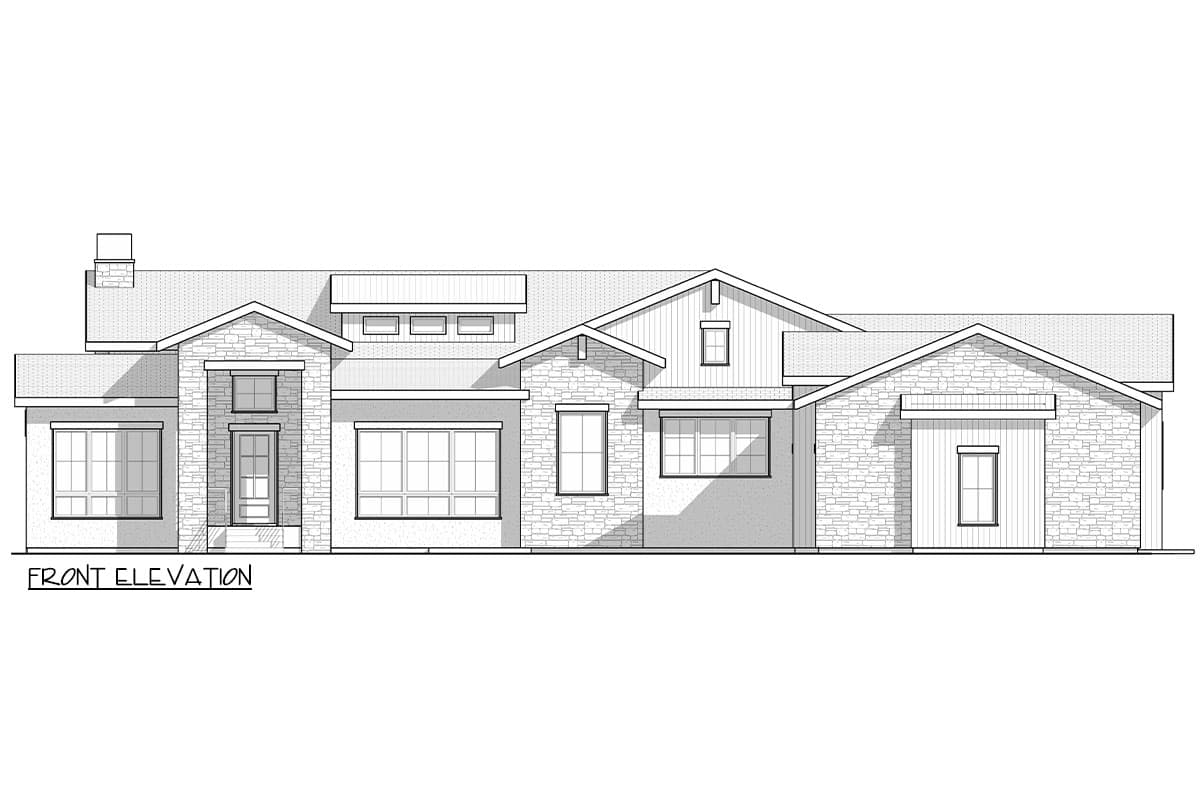 Front elevation of a single-story house plan with stone accents, a prominent gable, and multi-pane windows.