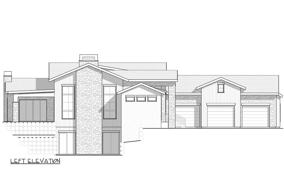 Left elevation drawing of a modern house plan featuring stone and wood siding, multiple gables, and a three-car garage.