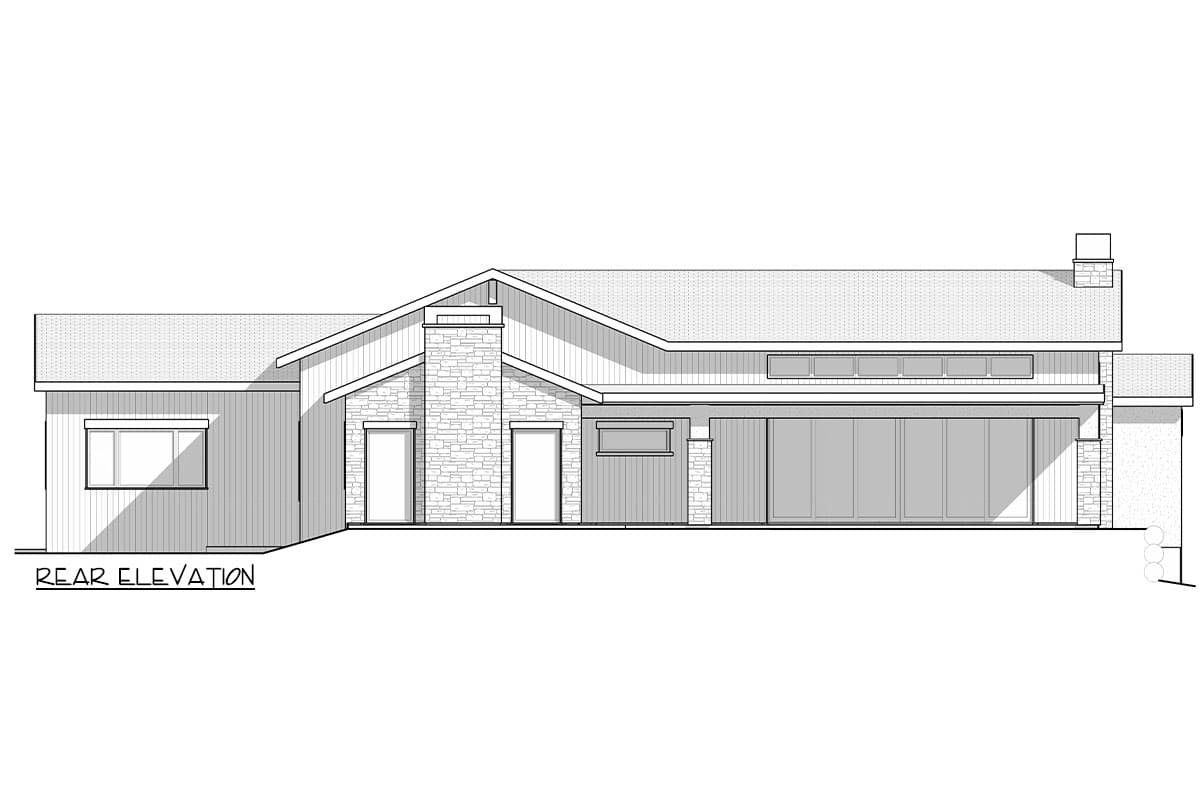 Rear elevation of a modern house plan featuring a stone chimney, large glass doors, and clerestory windows.