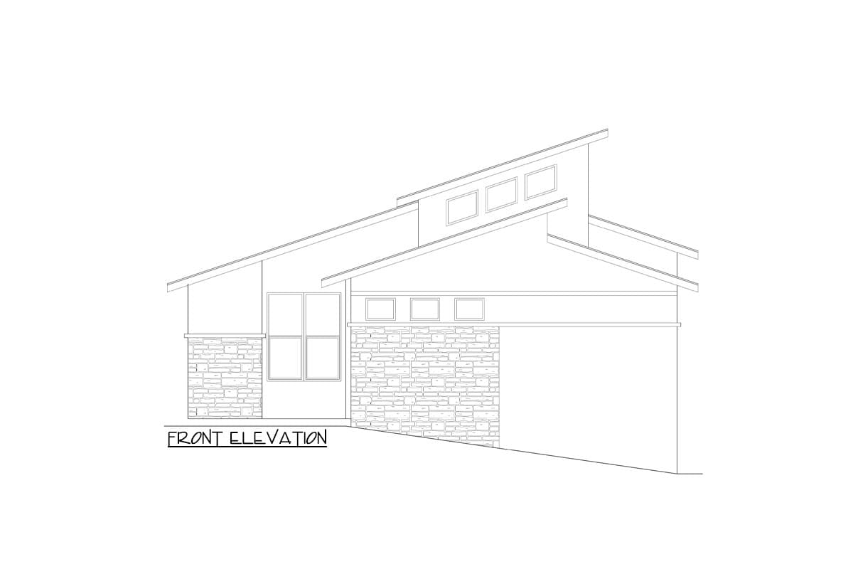 Front elevation drawing of a single-story house plan with a modern roofline, stone veneer, and multiple windows.