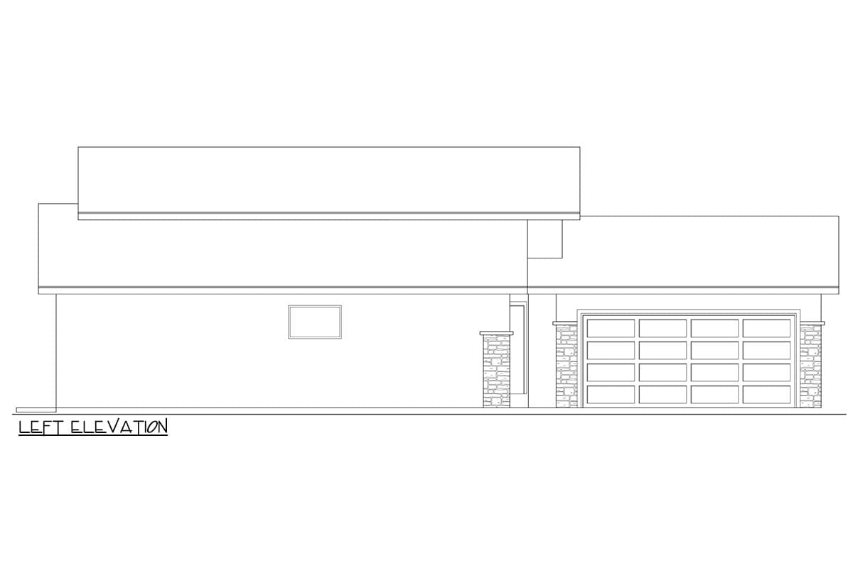 Left elevation house plan: single-story with modern rooflines, stone-accented garage entry, and one window.