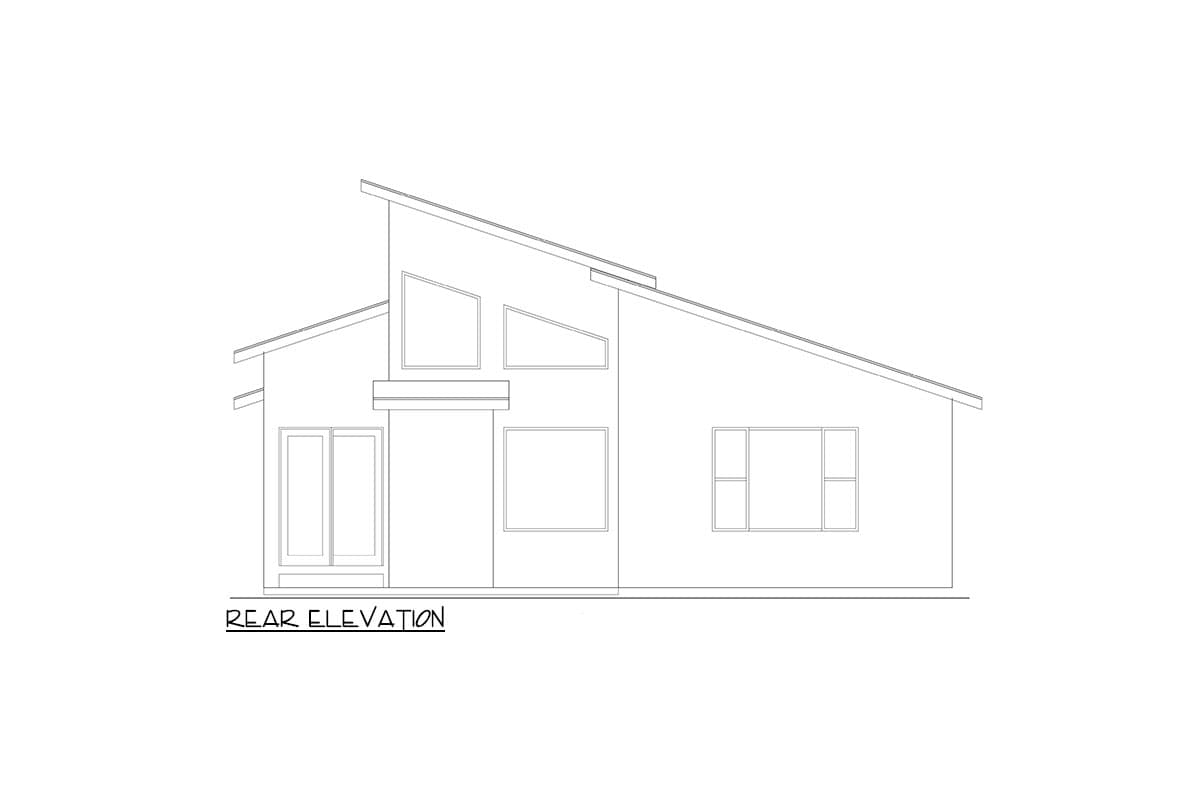 Rear elevation drawing of a modern house with a prominent asymmetrical roofline and diverse window placements.