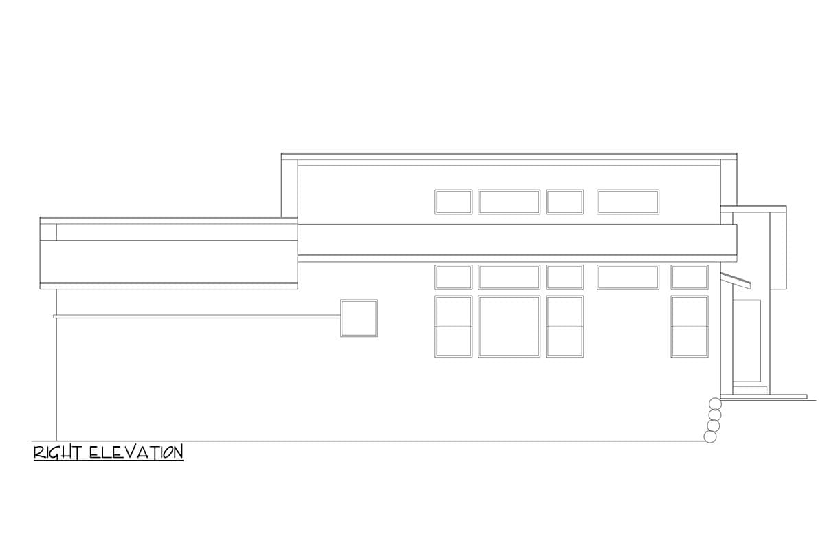 Right elevation of a modern house plan with a flat roof, horizontal banding, and various window configurations.