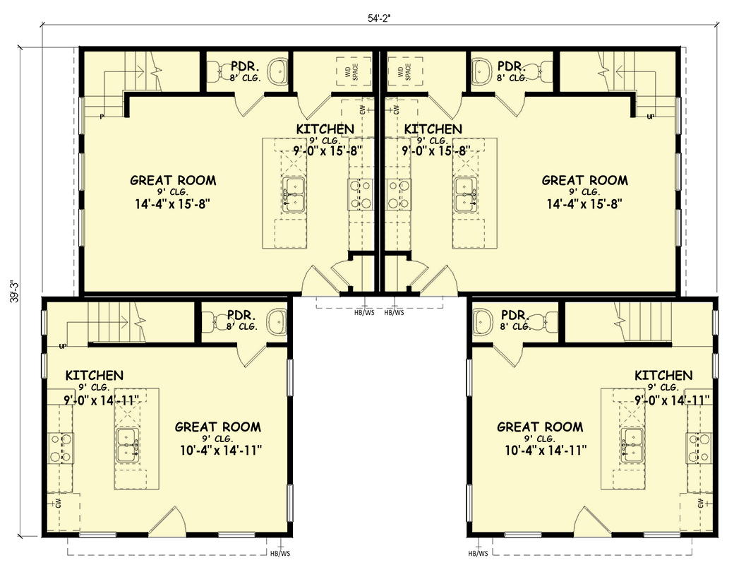 Plan 100340GHR: Contemporary Multi-Plex House Plan with 4 Units - 3273 Sq Ft - Floor Plan - Main Level - Contemporary